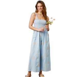 NWT Ivy Light Blue Palm Print Smocked Wide-Leg Jumpsuit with Pockets Large
